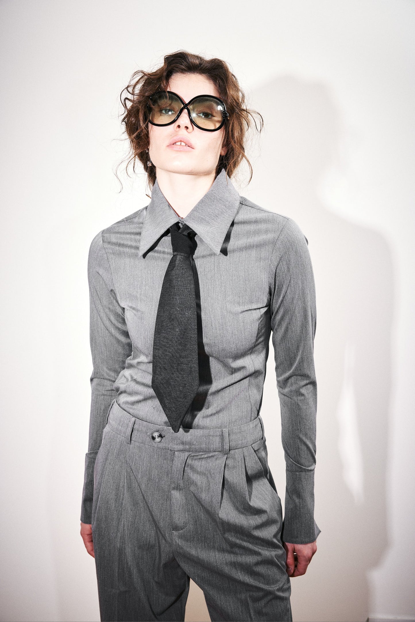 Gray Pointed Collar Wide Cuff Shirt