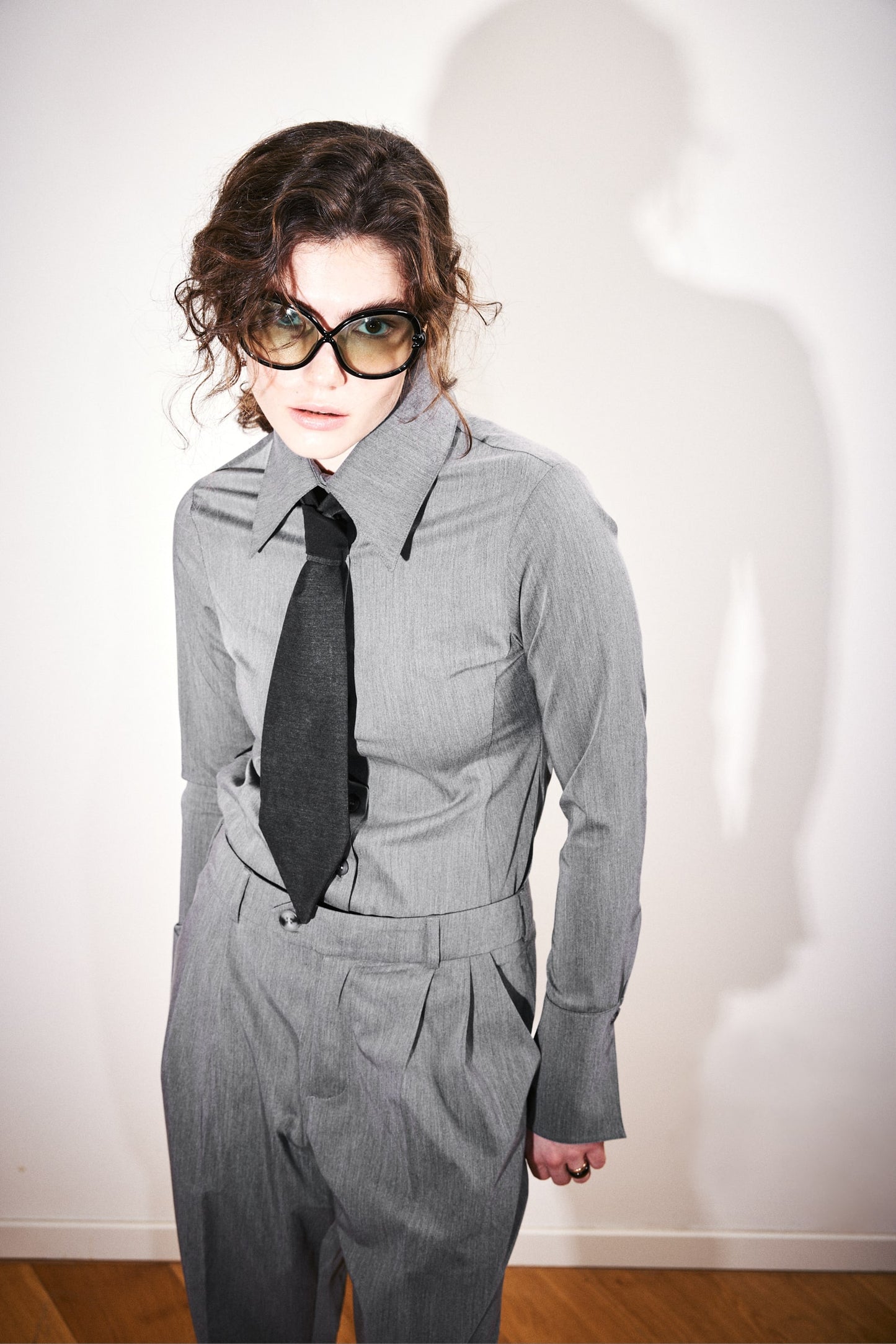 Gray Pointed Collar Wide Cuff Shirt
