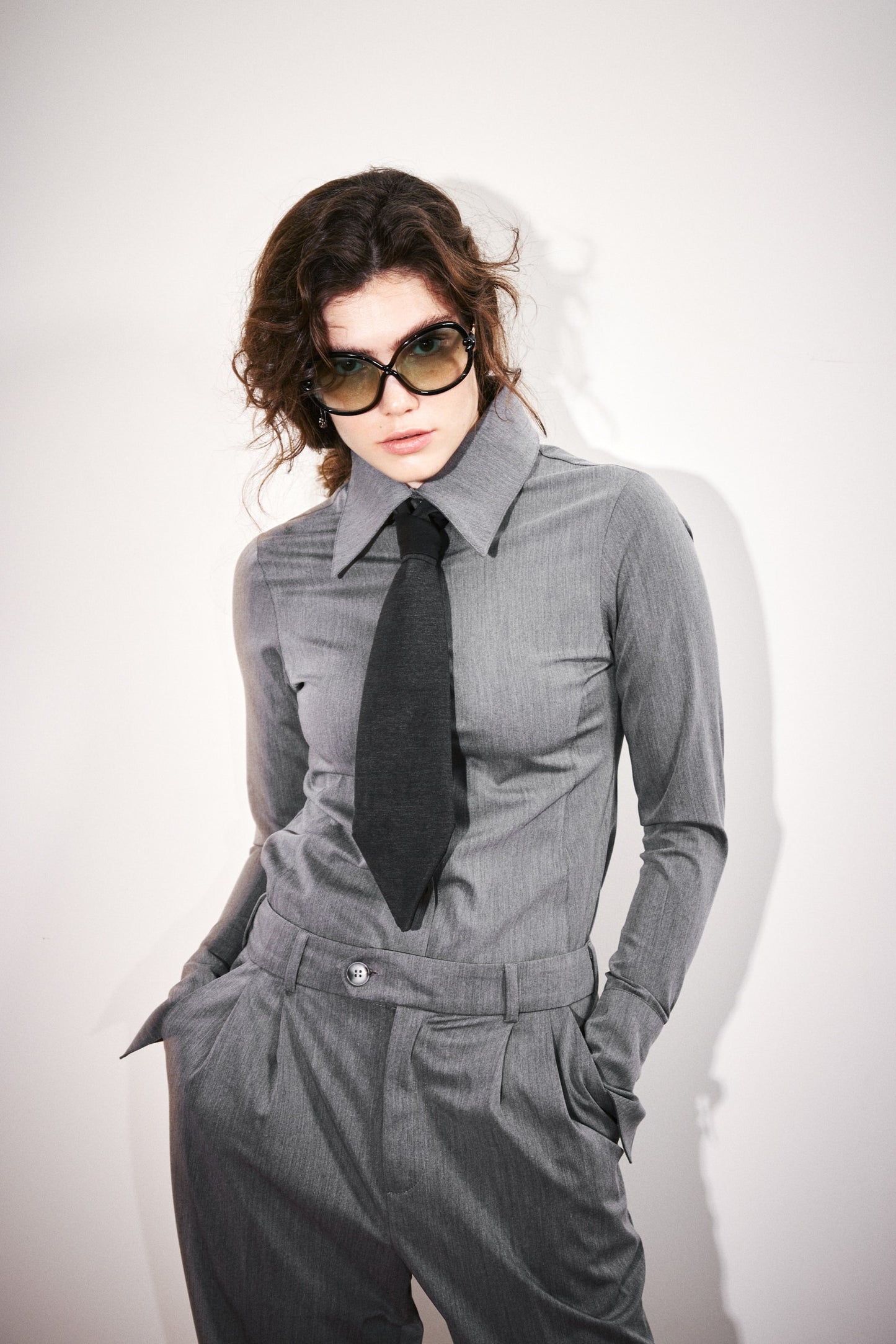 Gray Pointed Collar Wide Cuff Shirt