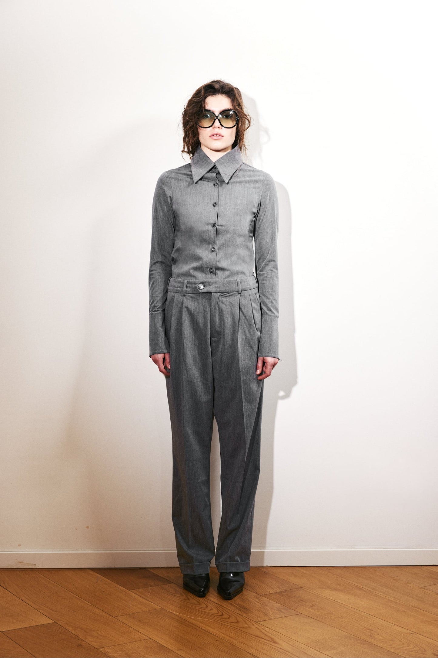 Gray Pointed Collar Wide Cuff Shirt