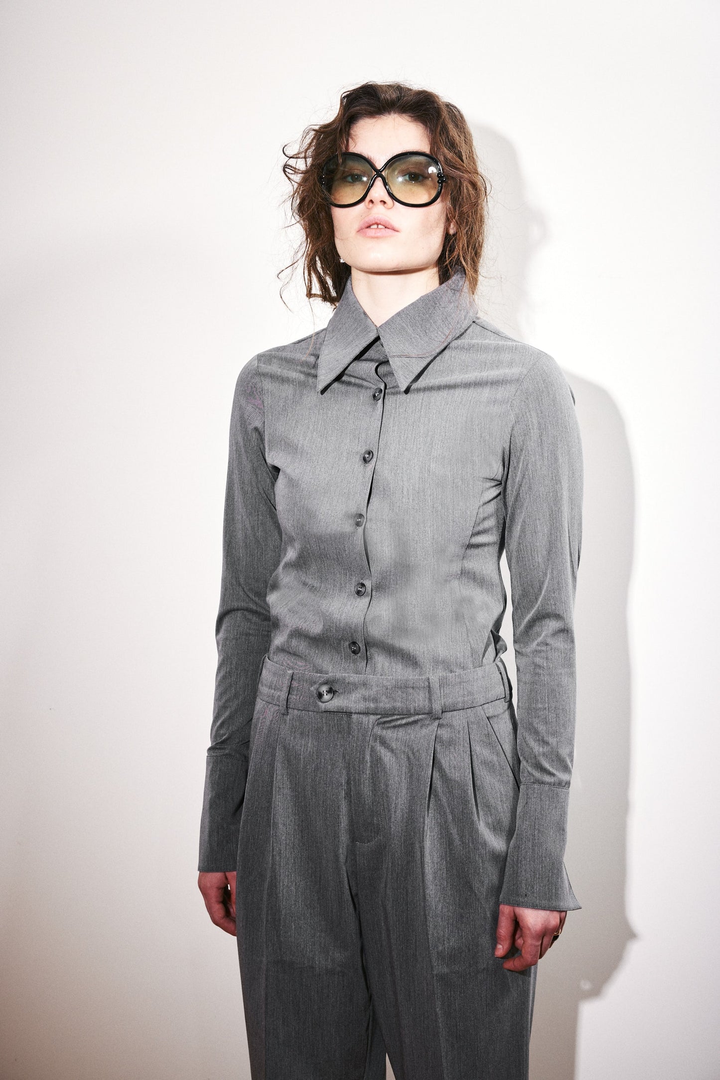 Gray Pointed Collar Wide Cuff Shirt