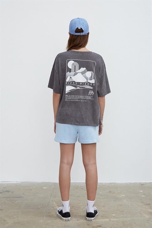 Women's Anthracite Back Printed Washed Oversize T-shirt