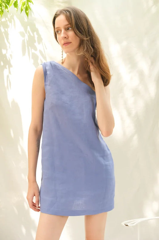 One Shoulder Purple Linen Dress