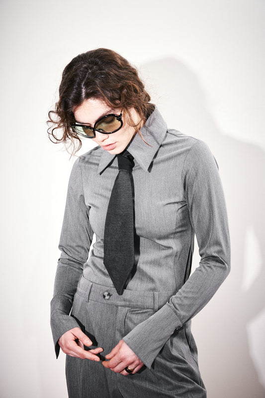 Gray Pointed Collar Wide Cuff Shirt