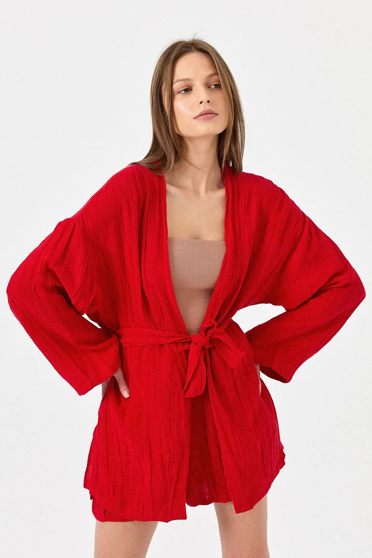 Kırmızı Keten Bürümcük Kimono