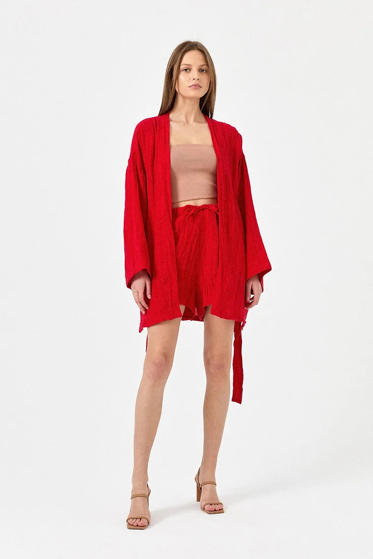 Kırmızı Keten Bürümcük Kimono