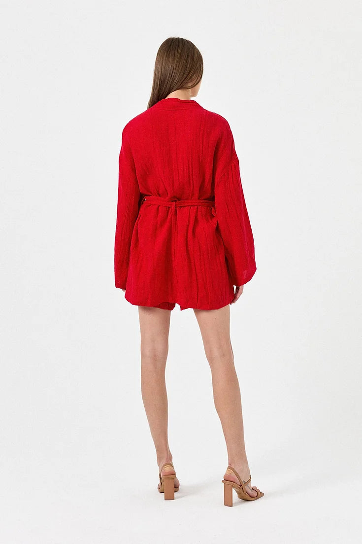 Kırmızı Keten Bürümcük Kimono
