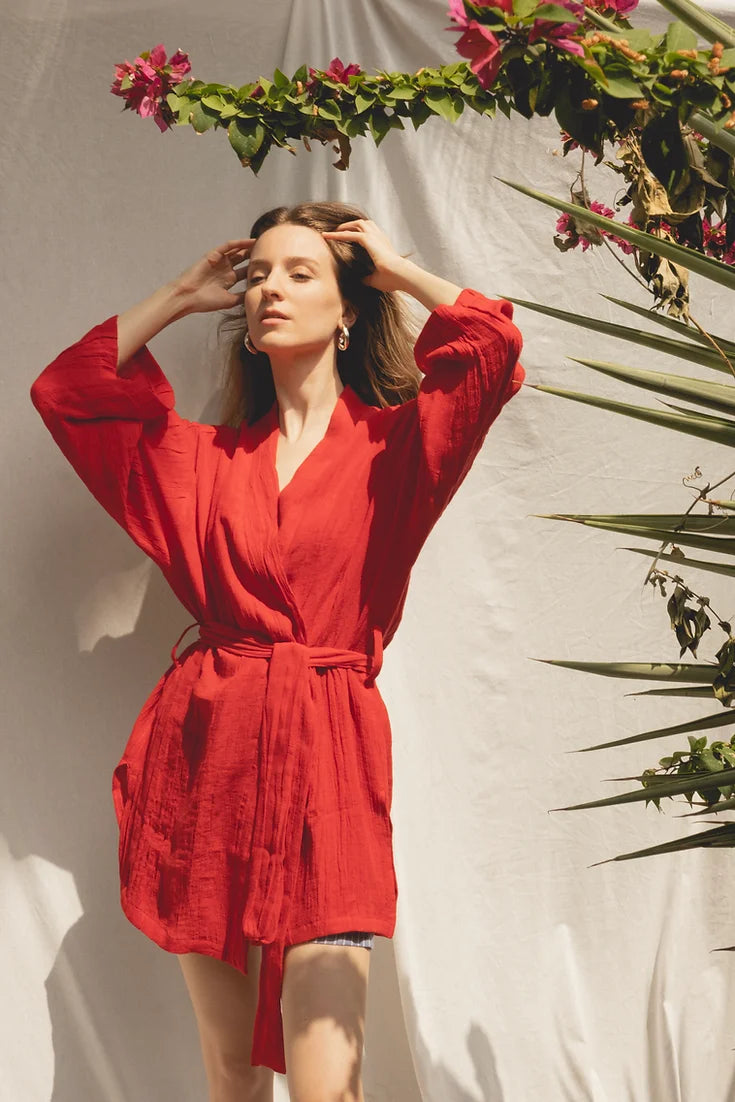 Red Linen Crepe Kimono