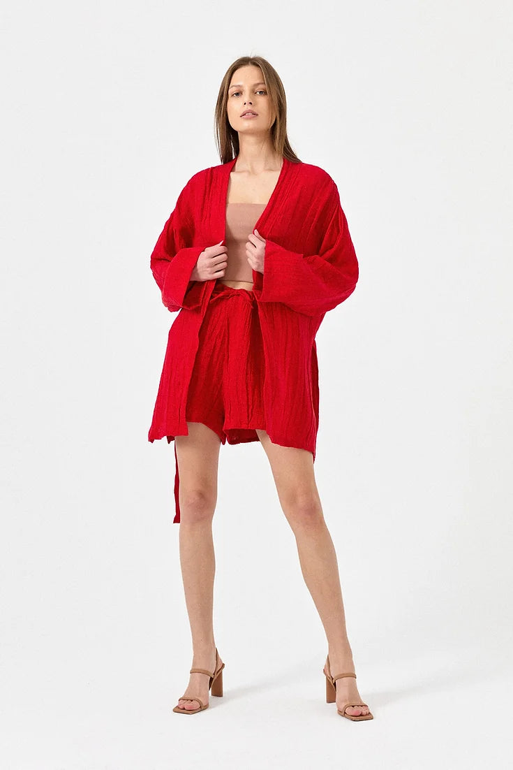 Kırmızı Keten Bürümcük Kimono