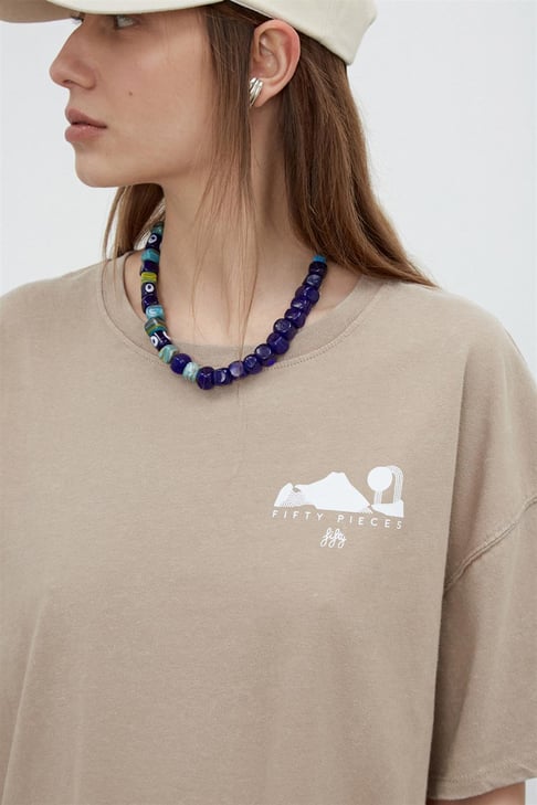 Kadın Boz Sırt Baskılı Yıkamalı Oversize T-shirt