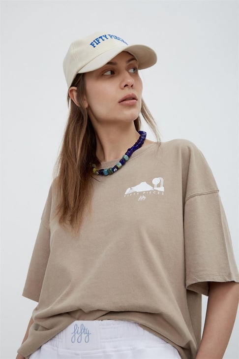 Kadın Boz Sırt Baskılı Yıkamalı Oversize T-shirt